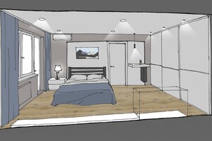 Заказать  онлайн персональный Блиц-дизайн-проект интерьеров квартиры или дома в г. Коростень  . Спальня 17м2.